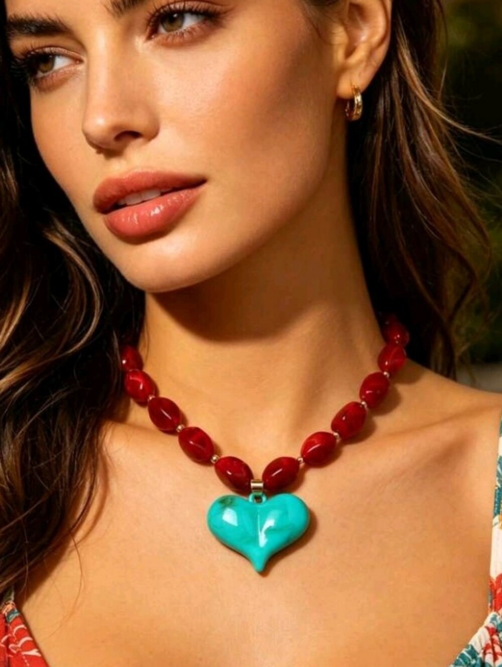 NEW! Bold Turquoise Heart Pendant Red Bead Gold Accent Necklace